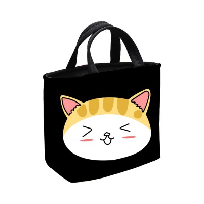 Hot Sale Cute Black Cat Pattern Printing Reusable Neoprene Lunch Bag Kids Tote Bag