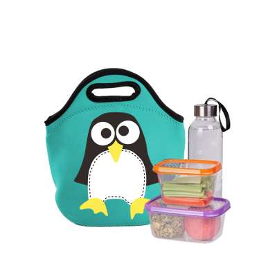 Neoprene Portable Waterproof Small Insulated Children Kids Lunch Tote Bag Cartoon Penguin